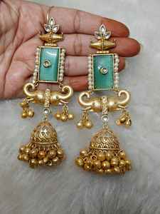 Contemporary Gold-Plated Drop Earrings Trendy Brass <b>Jewellery</b> Set for Casual India Ethnic Office Wear - Product Image 2
