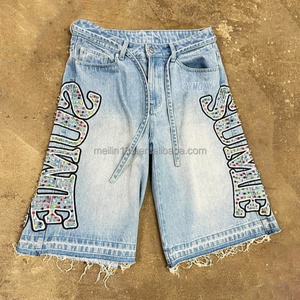 Custom Private Label High Quality Heavy Weight Distressed Denim <b>Shorts</b> for Men Embroidered Rhinestones Jeans <b>Shorts</b> - Product Image 1
