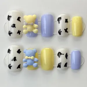 Handmade 3d Bear Cute Blue Yellow Cream Leopard Short Press On Fake Fingernail Tips Wholesale Supplier New Cream Nail Card Mould