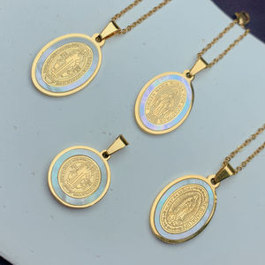 Collier religieux en acier inoxydable avec médaille en nacre, Vierge Marie de Guadalupe, Saint Benoît, médaille miraculeuse - Product Image 5