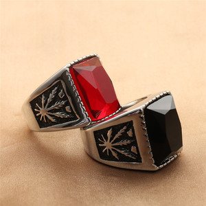 European American Style <b>Titanium</b> Steel Leaf Gemstone <b>Ring</b> Men's Punk Geometric Square <b>Ring</b> Silver <b>Black</b> Sapphire Ruby Bezel - Product Image 1