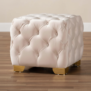 Pouf de style touffeté en tissu rose bébé au design moderne de luxe, tabouret gonflé avec jambe dorée pour le salon - Product Image 1