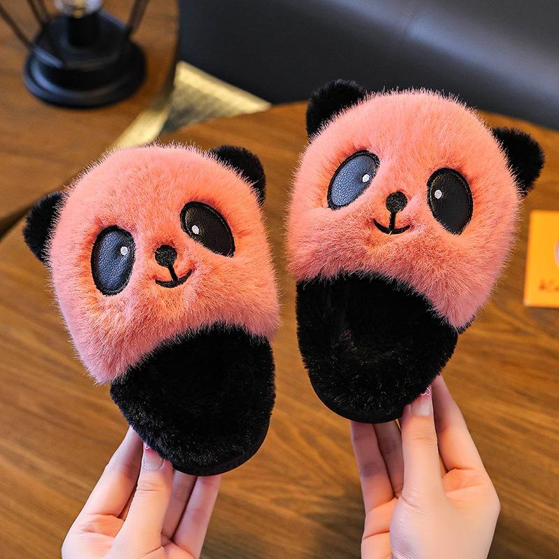 New Fashionable Cartoon Panda Winter Warm Soft Non-slip Furry High Quality Slippers for Girls Toddler Home Use