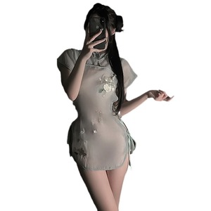 Chemise de nuit sexy en mousseline transparente, style Cheongsam, à manches courtes, brodée, pour femme, lingerie douce, uniforme - Product Image 5