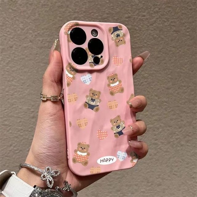 New Style Cute Cartoon Bear Mobile Phone case for iPhone 16 15 Pro Max 14 13 12 11 Wrinkled Soft Shockproof Shell Back Cover