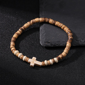 Men's Wooden <b>Bead</b> Turquoise Cross <b>Bracelet</b> Blue And White Geometric Design Gift Jewelry - Product Image 3