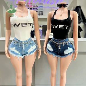 Set Celana Pendek 2 Potong Wanita, Pakaian Seksi dengan Atasan <span class=keywords><strong>Vest</strong></span> Bermotif Huruf dan Celana Pendek Jeans, Set Celana Pendek Musim Panas 2024 untuk Wanita - Product Image 1