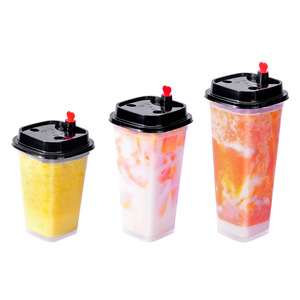 Plastic Cups Milkshake Square Shape PP Boba Cup 12/16/20oz Eco Friendly Pla Custom Logo Disposable Bubble Tea Cup with Lid