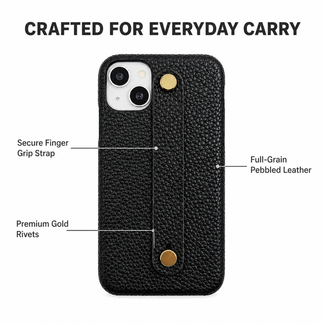 Custom Branding Full Grain Pebbled Leather Phone Case Wrist Strap Gold Rivet Finger Grip for iPhone 15 16 17 18 OEM ODM Factory