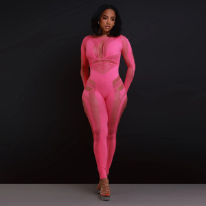 New Sexy Women's Solid Round Neck Mesh Hollow Long Sleeve Perspective Passionate Slim Fit One Piece Pants - Product Image 4