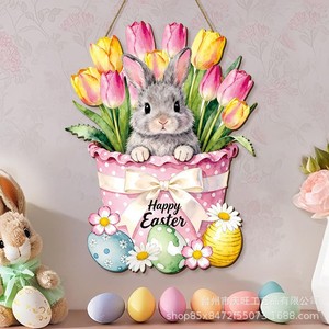 Easter Bunny Flower Door Hanging Sign Wooden Decor Home Indoor Spring Decoration - Product Image 2