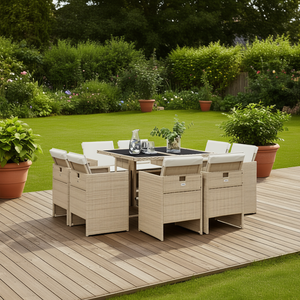 Ensemble de salle à manger de jardin en rotin beige pour 8 personnes, mobilier d'extérieur résistant aux intempéries, design contemporain - Product Image 2