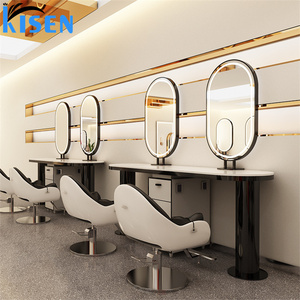 Espejo de pie de acero inoxidable KISEN para salón con estantes de almacenamiento y diseño contemporáneo, espejo personalizado para barbería. - Product Image 4