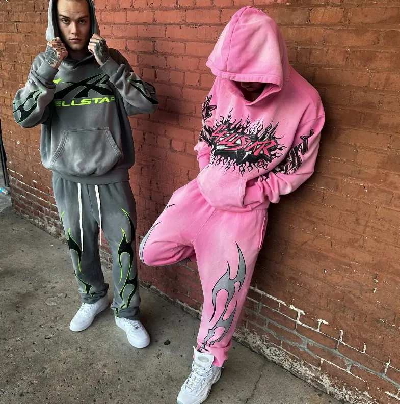 Wholesale 100% Cotton Vintage Hoodie And Sweatpants Jogger 2 Piece Set Screen Printing Sweat Suit Acid Wash Men Tracksuit