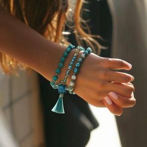 Fashion Beaded <b>Bracelets</b> <b>Set</b> Blue Stone Tassel PVD Gold Plated 316L Stainless Steel Sustainable Resistant Jewelry - Product Image 3