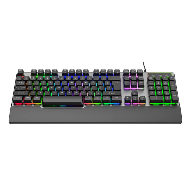 Wholesale Hot Sale QWERTY 104 Keys Gamer Keyboard Silent Mechanical Feel Switch Rainbow Backlit Gaming Keyboard with Wrist Rest