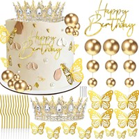Décoration de gâteau Diadème en cristal rose doré, Papillon 3D creux, Bougie ondulée, Ornement de fête Princesse 16 ans, Distributeur