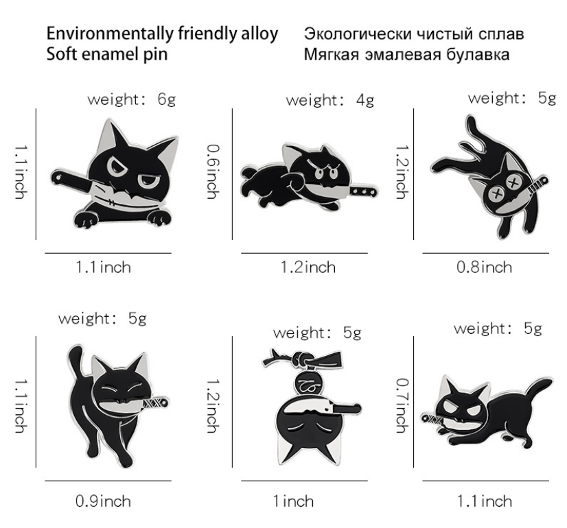 Spille Gatto Smaltate - Set Da 7 Pezzi Neri, Lega, Per Giacca E Zaino