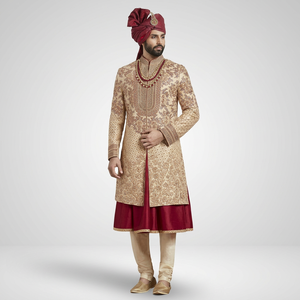 NEW GOLDEN ZARI EMBROIDERY on BEAUTIFUL GROOM SHERWANI, <b>PANT</b> & TURBAN WITH Men's Suits & Blazer>Men's Suits - Product Image 5