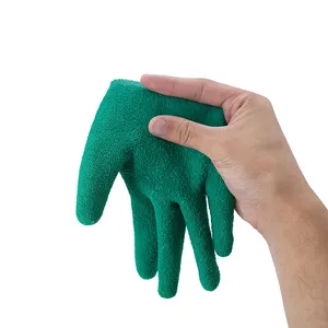 10G 5 Threads Yellow Polyester-Cotton Green Latex Crinkle Finish Hardy Latex Coated Work Gloves