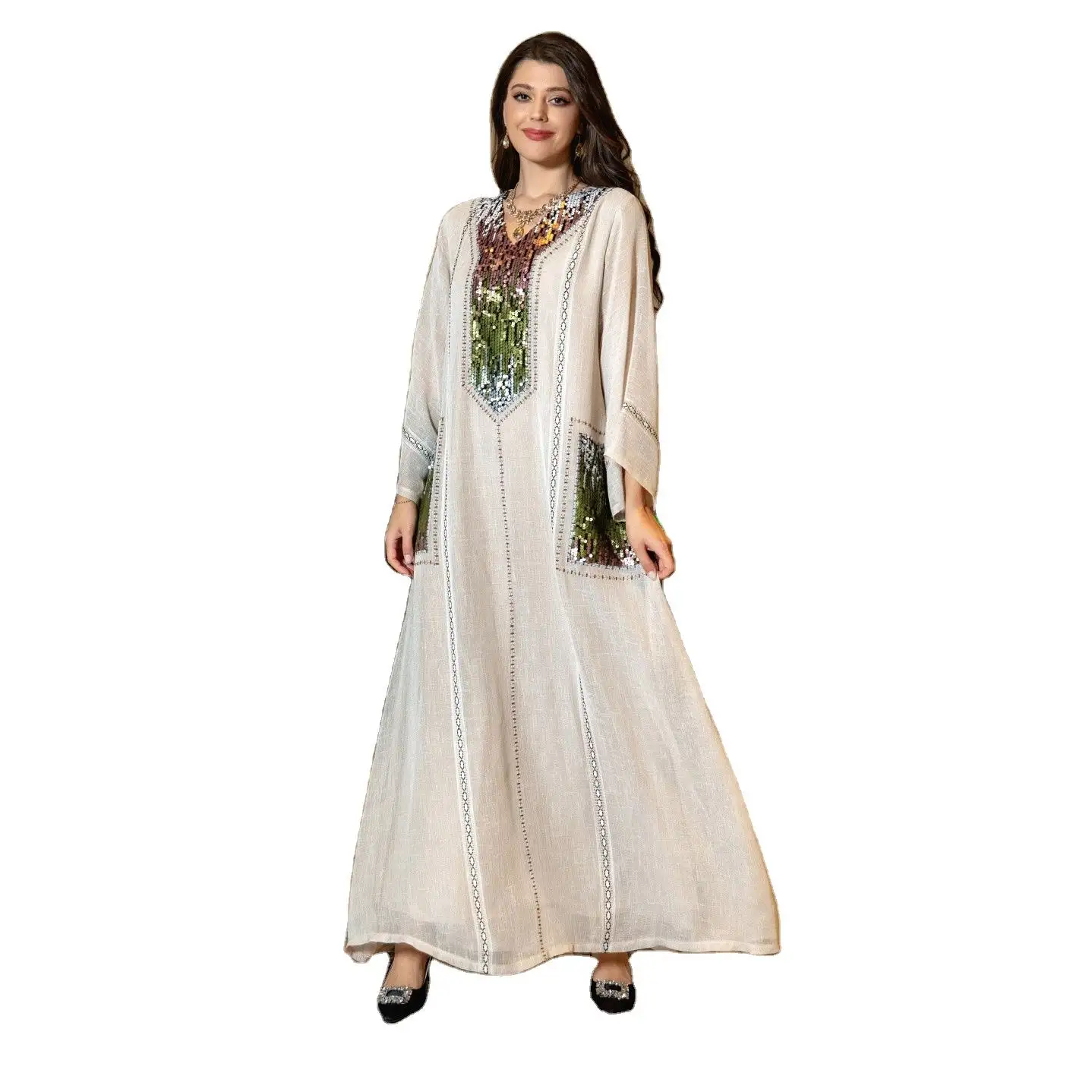 2024new Dubai sang trọng khiêm tốn abaya ăn mặc cho phụ nữ Arab Ma-rốc thời trang sequin dài tay áo loose Robe kuwait Vịnh hồi giáo EID