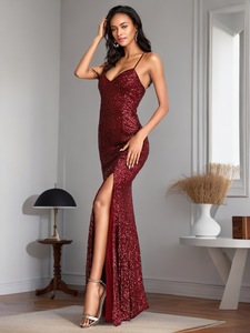 Nuevo Vestido de Noche para Fiesta, Estilo Europeo y Americano, con Abertura y Tirantes de Lentejuelas (4 Colores) - Product Image 1