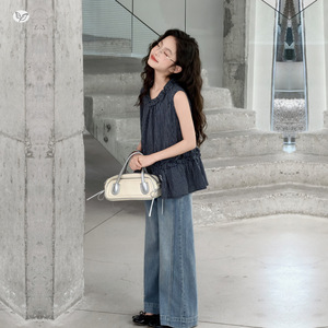 Nouvel ensemble de vêtements d'été pour filles, débardeur sans manches en dentelle à carreaux, pantalon long évasé en jean, <span class=keywords><strong>tenue</strong></span> deux pièces - Product Image 4