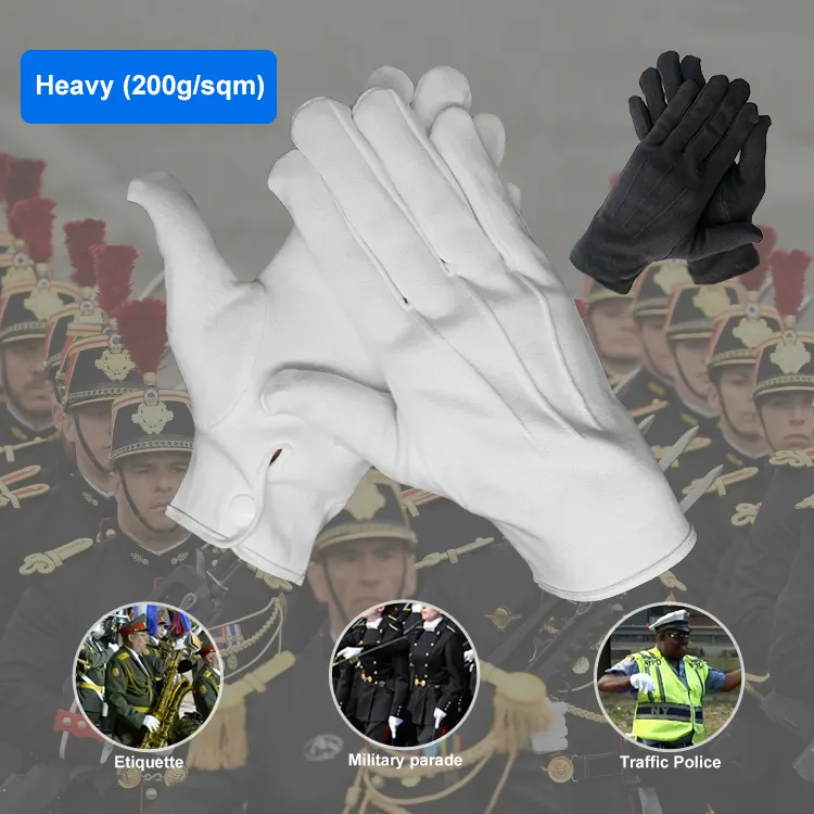 Nylon 100% Katoen Zwart Wit Verkeer Etiquette Ceremoniële Formele Uniform Parade Handschoenen Drie Pezen Handschoenen Met Klikmanchet