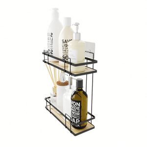 Étagère d'angle murale moderne en bois et acier pour douche, sans perçage, 2 niveaux, en métal, pour cuisine/salle de bain - Product Image 2