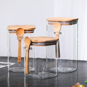 Hình Chữ Nhật Thủy Tinh Lưu Trữ Lọ Với Nắp Tre Và Muỗng Cho Hạt Cà Phê Container Nhà Bếp Khô Thực Phẩm Lưu Trữ Lọ - Product Image 3