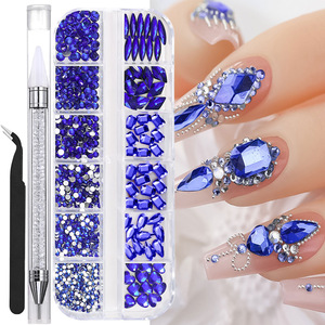Kit de strass pour ongles en verre, 8 couleurs, boîte longue à 12 compartiments, avec pince à strass et stylo applicateur, pour décorations d'ongles DIY, vente en gros - Product Image 5