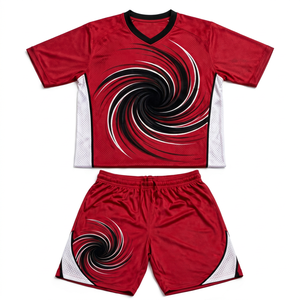 Ensemble de maillot de football PADA PRIME rouge à col en V, maillot et short en mesh color block, respirant, 100% polyester, vêtements de sport sublimés - Product Image 1