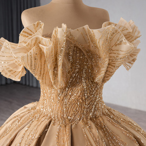 Robe de soirée longue moderne dorée en organza, robe de bal, robe de soirée à fleurs, appliques, perles, Rsm241066 - Product Image 4