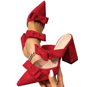 Sandales d'été QLFashion pour femmes à boutonnière, talon haut rouge épais, bout pointu, dessus en daim tendance, talon de 6 cm - Product Image 5
