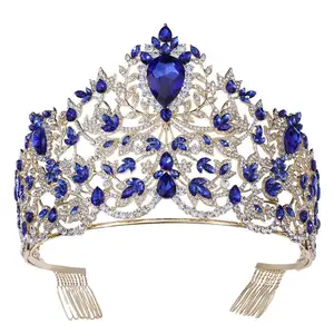 Qushine High Quality Blue Crystal Pageant Tiara Jewelry Wedding Miss World Crown Universe For Women Party