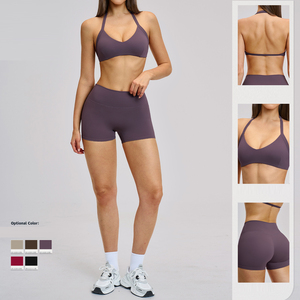 Ensemble de yoga 6 pièces personnalisé avec logo – Tenue de <span class=keywords><strong>sport</strong></span> respirante pour <span class=keywords><strong>femme</strong></span> : Crop top, leggings évasés, soutien-gorge et short d'entraînement - Product Image 2