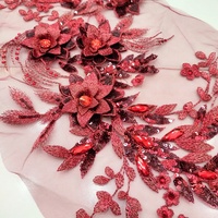 Applique en dentelle rouge noble brodée, fleur 3D avec pierres et paillettes LT2576A