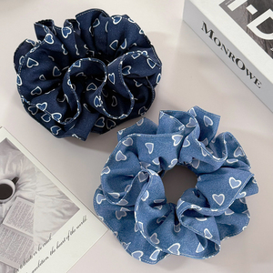 Retro grote haar scrunchies denim blauwe serie liefdeshart haarbandjes dubbele laag paardenstaart haar touw haaraccessoires voor vrouwen - Product Image 3