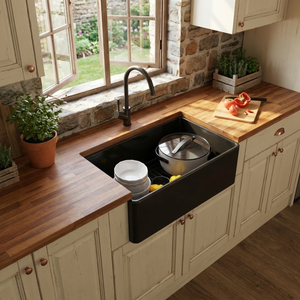 Évier de <span class=keywords><strong>cuisine</strong></span> <span class=keywords><strong>en</strong></span> argile réfractaire noire cannelée, style ferme, à tablier, 30 pouces, à cuve unique, pour <span class=keywords><strong>cuisine</strong></span> résidentielle - Product Image 1
