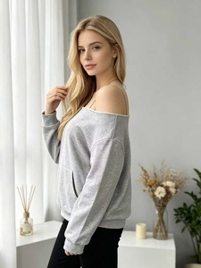 เสื้อผู้หญิงไซส์ใหญ่ แขนยาว ไหล่ตก มีกระเป๋า สไตล์ลำลอง สีพื้น ใส่ได้ทุกวัน - Product Image 4