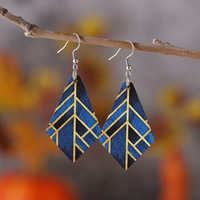 UIONEN Pendientes de diamante geométricos de madera hechos a mano con rayas turquesa - Pendientes colgantes de doble cara hipoalergénicos de moda Micro
