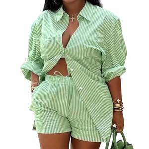 New Most Popular Fashion Printed Temperament Women's Long Sleeve Button Turn-down Collar Knitted <b>Blouse</b> Shorts Casual Set - Product Image 1