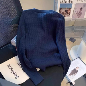 ESTILO 2231 #   Cárdigan Fino de Punto Trenzado Coreano para Mujer, Abrigo de Moda Versátil para Primavera y Otoño, Cuello Elegante - Product Image 2