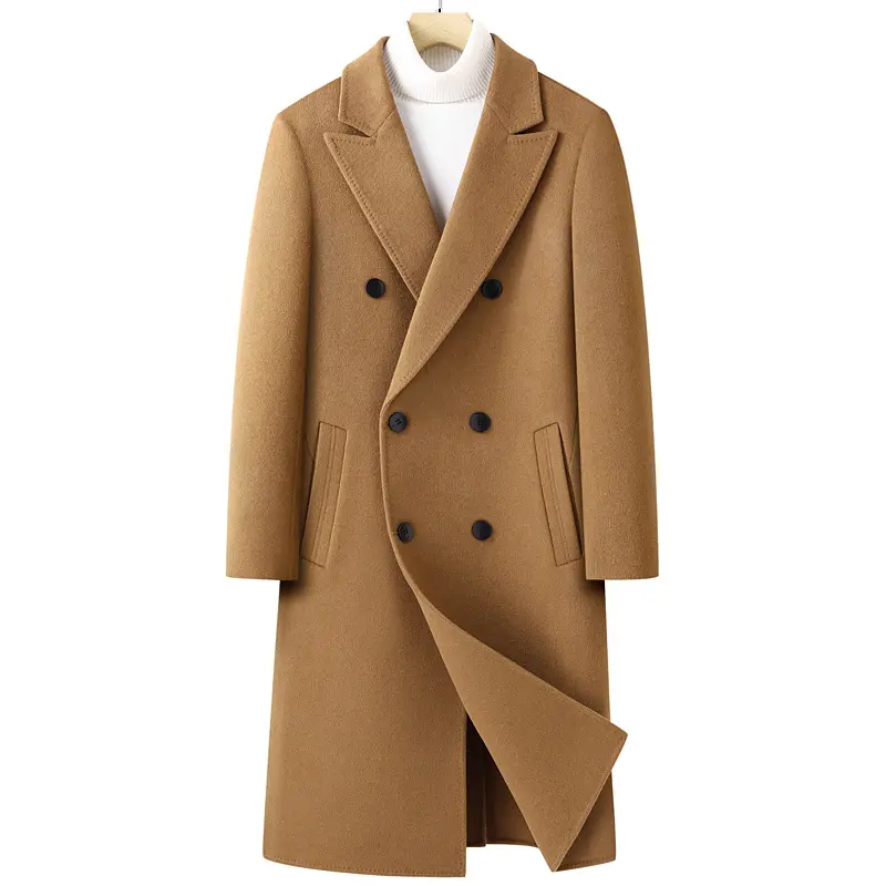 Yün palto erkek uzun tip çift yüzlü mal kruvaze gençlik düz renk açık lüks tam yün ceket
