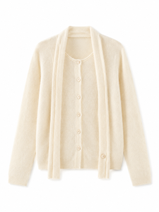 <span class=keywords><strong>Cardigan</strong></span> da donna in maglia con sciarpa abbinata, maglione abbottonato a maniche lunghe, morbido e soffice, in maglia color crema, con collo a scialle a strati - Product Image 1