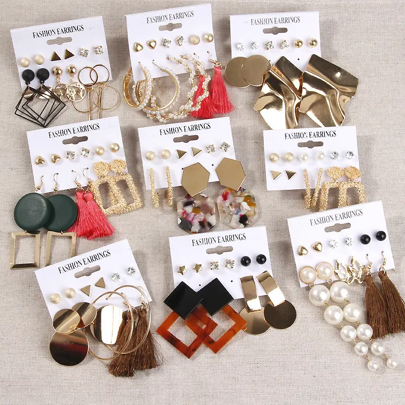 Wholesale Fashion Earrings Geometric Metal Acrylic Sheet Tassel Stud Earring Set