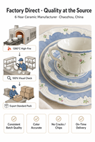 Service de vaisselle vintage floral en céramique pour restaurant et café, assiettes, tasses et soucoupes à bord bleu rose, vaisselle d'hôtel, vente en gros
