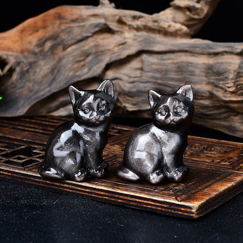 Natural Silver Obsidian Kitten Ornament Black Obsidian Rough Stone