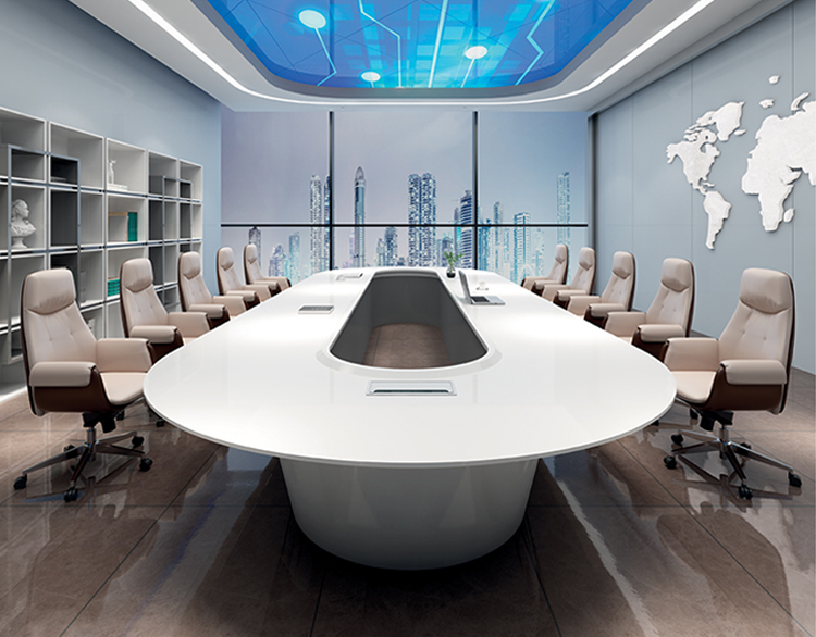 会议桌现代设计办公桌家具智能小长方形白色大理石顶会议桌现代