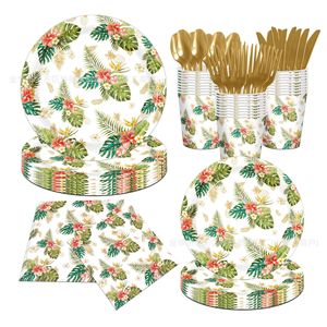 Kit de fournitures de fête jetables Série Plantes d'été : Assiettes en papier, gobelets, serviettes, ensemble de couverts dorés pour fête - Product Image 1